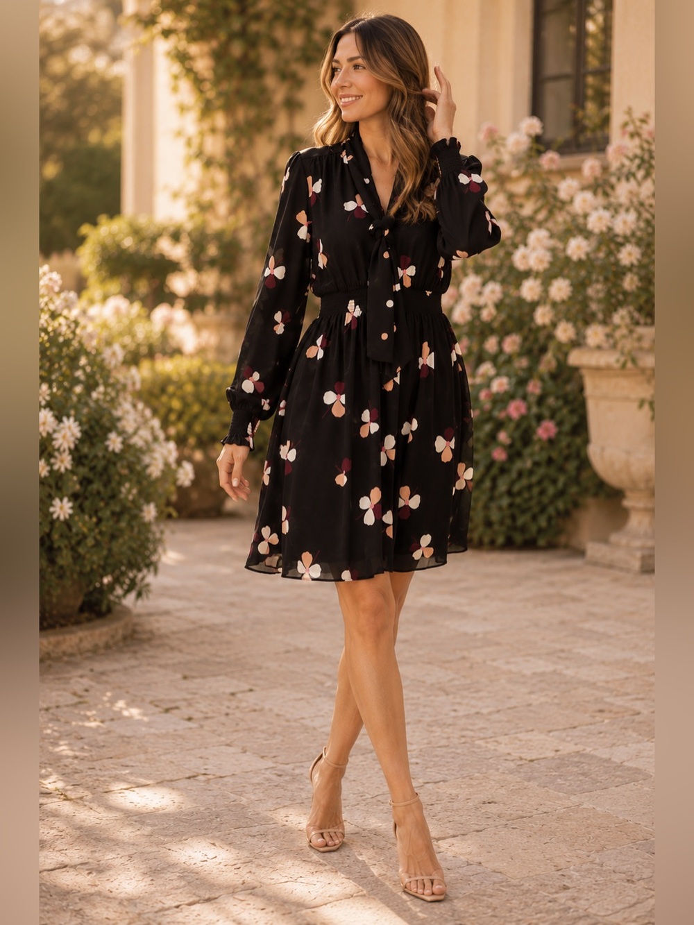 Kate Spade New York Floral Tie Neck Dress Smocked Waist Long Sleeve Size S